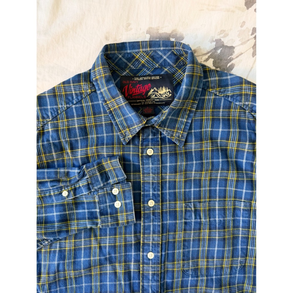 Old Navy Vintage Flannels Mens Large Blue Yellow Plaid Cotton Button Down Shirt